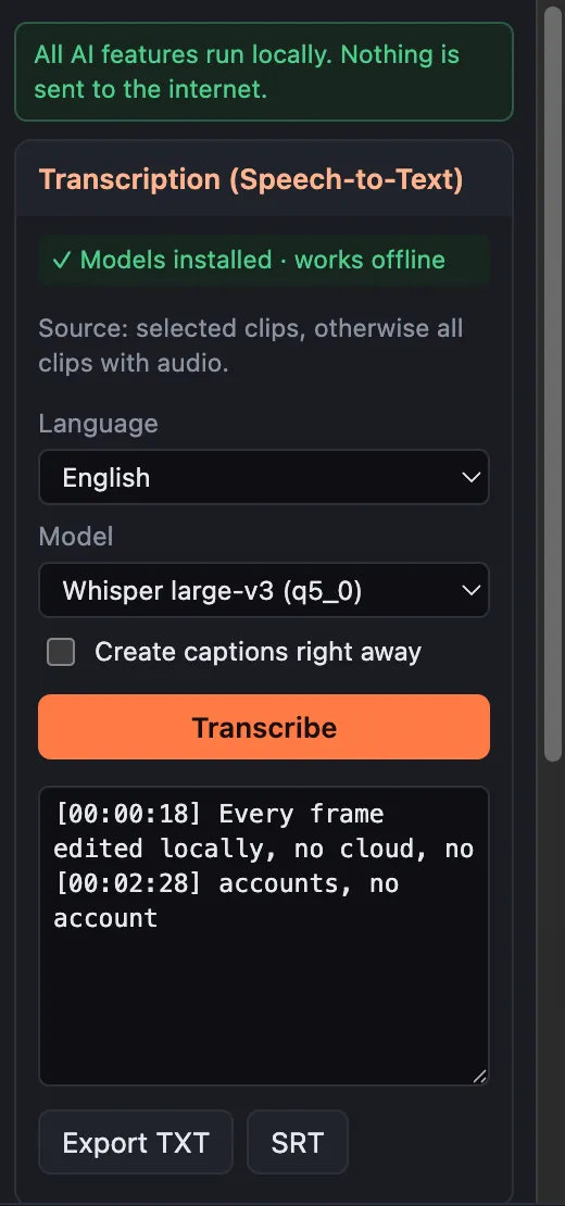 Transcription (Speech-to-Text) panel: English, Whisper large-v3 (q5_0), and a timestamped transcript of the voiceover.