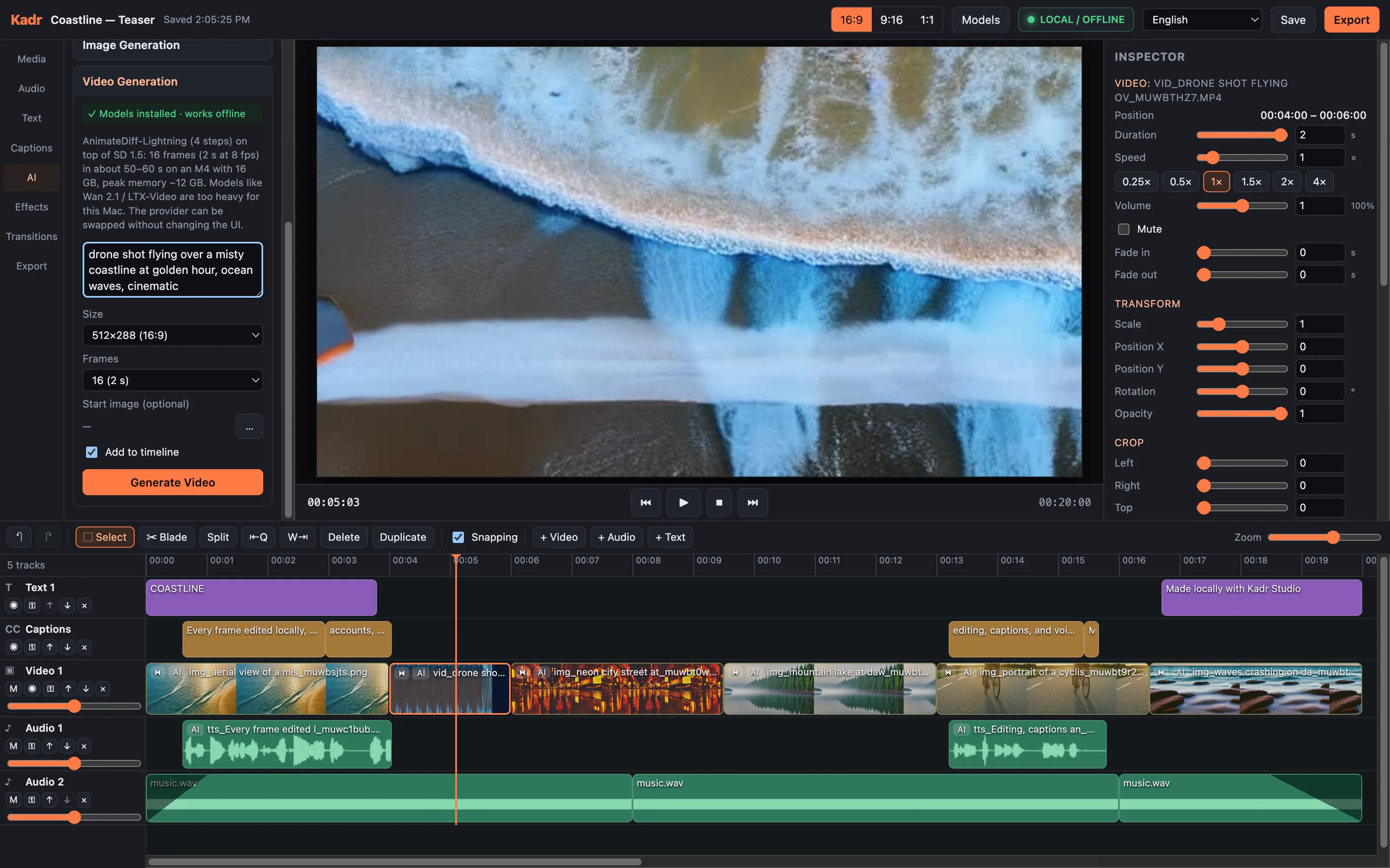 Video Generation panel (AnimateDiff-Lightning, 512×288, 16 frames) beside its AI-generated aerial shot of waves in the preview; the generated clip is selected on the timeline.