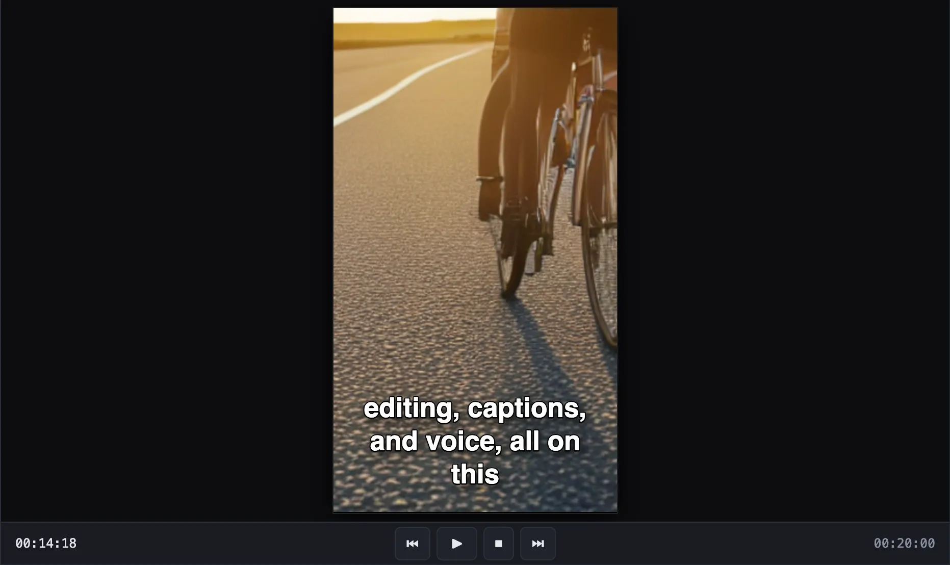 Detail of the auto reframe 9:16 screenshot. The same teaser reframed to vertical 9:16 (1080×1920): a cyclist on a sunlit road with an English caption, the Auto Reframe panel with face detection enabled, and a notice reading "Reframed to 9:16: faces found in 0 of 6 clips".