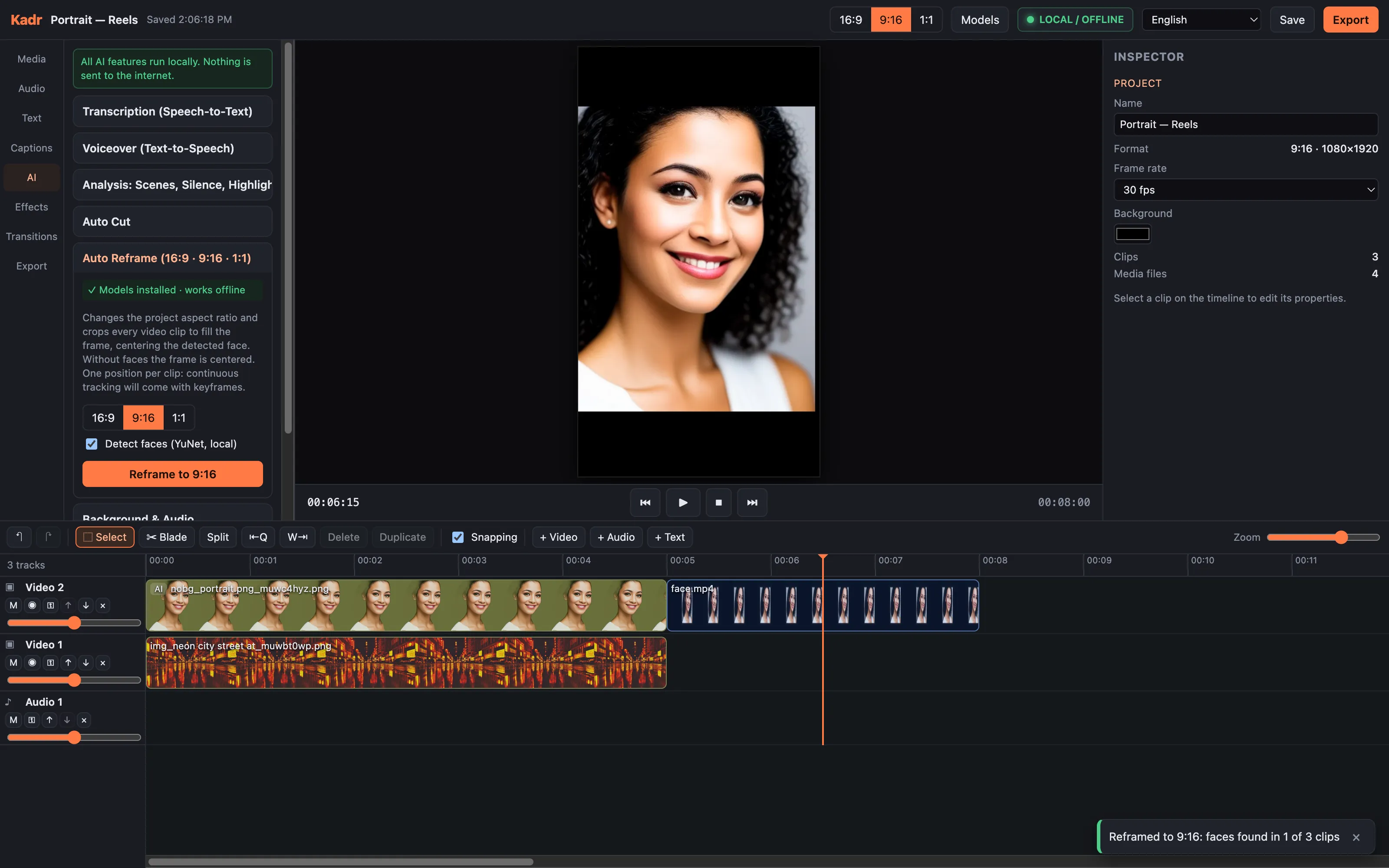 A landscape test clip automatically reframed to vertical 9:16 with the face detected by YuNet centred; a notice reads "Reframed to 9:16: faces found in 1 of 3 clips".
