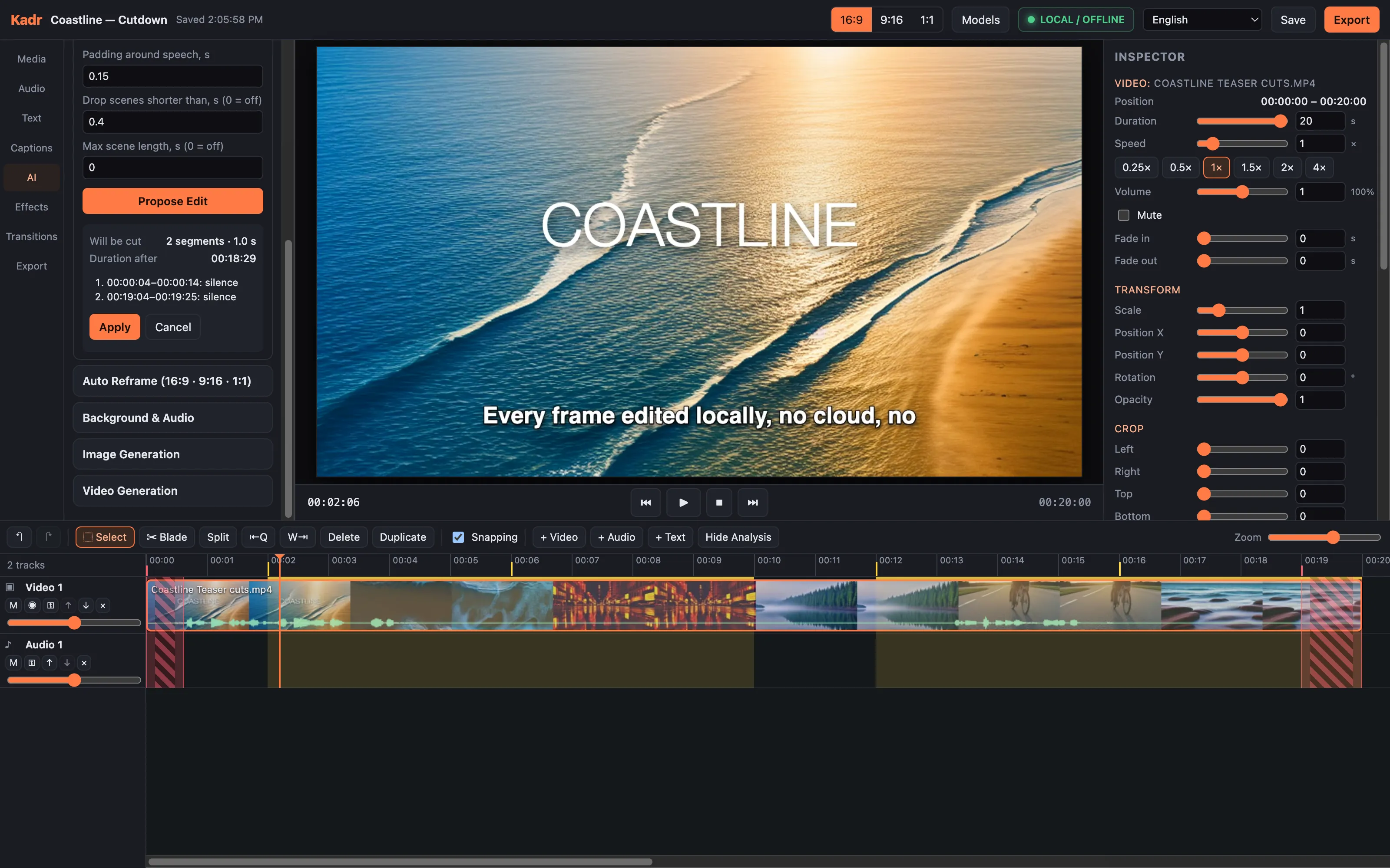 Auto Cut proposes cutting two silent segments (1.0 s in total), each with its reason, shown as hatched ranges on the timeline, with Apply and Cancel buttons.