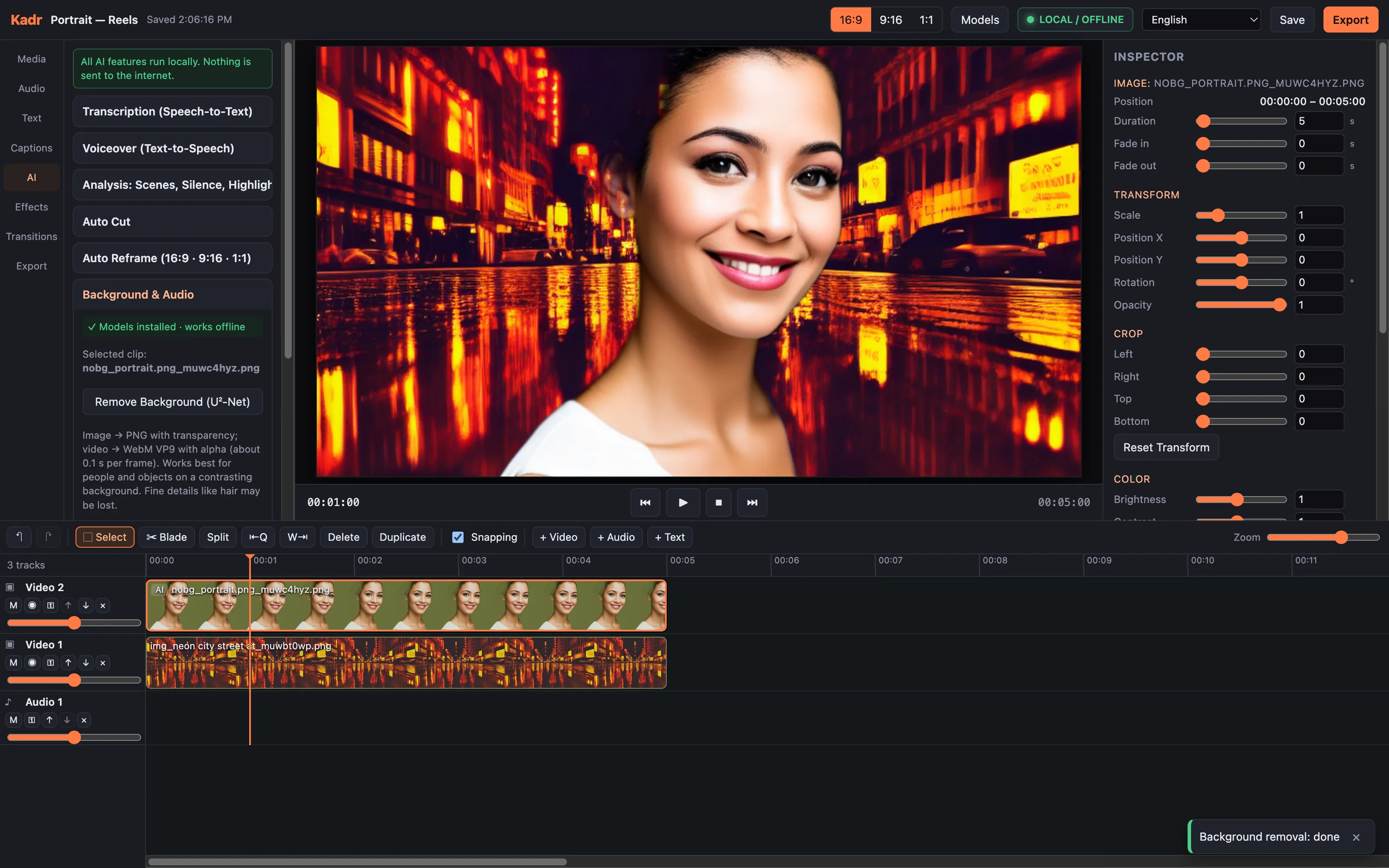 A test portrait with its background removed locally by U²-Net, layered on Video 2 over an AI-generated neon city on Video 1; a notice reads "Background removal: done".