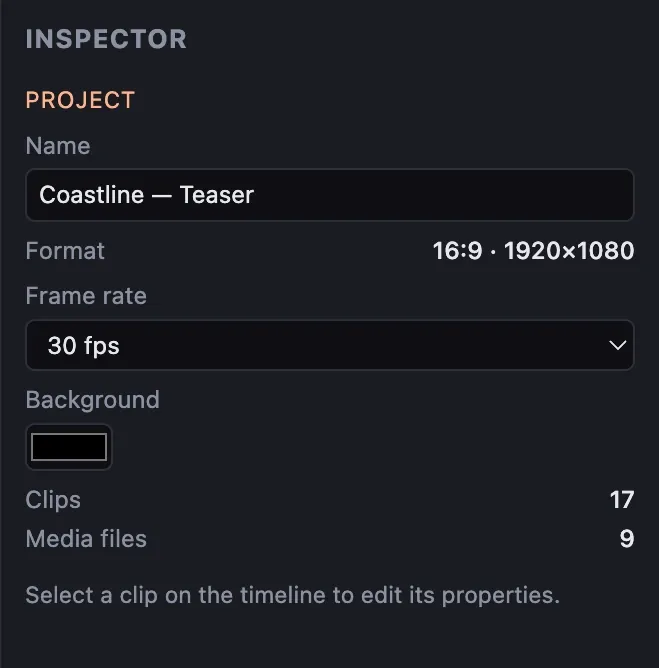 Detail of the editor overview screenshot. Kadr Studio editor with an AI-generated coastline in the preview, the title "COASTLINE" and a Whisper caption, a media library of AI-generated stills, the project inspector, and a five-track timeline of titles, captions, video, voiceover and music. The top bar has the 16:9 / 9:16 / 1:1 switch, the LOCAL / OFFLINE indicator and an interface language picker set to English.