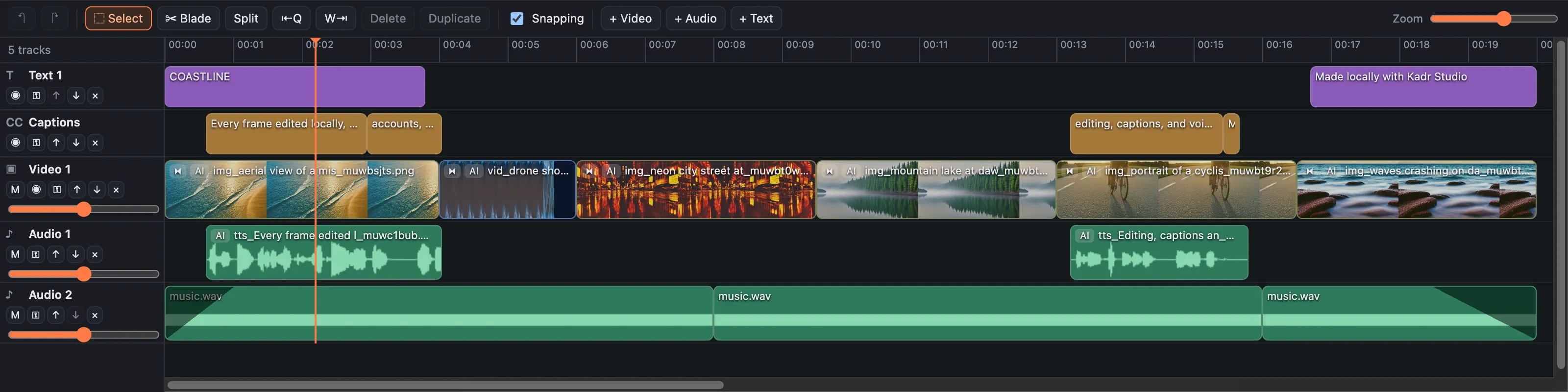 Detail of the editor overview screenshot. Kadr Studio editor with an AI-generated coastline in the preview, the title "COASTLINE" and a Whisper caption, a media library of AI-generated stills, the project inspector, and a five-track timeline of titles, captions, video, voiceover and music. The top bar has the 16:9 / 9:16 / 1:1 switch, the LOCAL / OFFLINE indicator and an interface language picker set to English.
