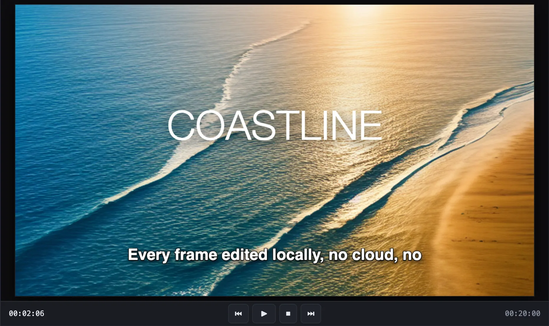 Detail of the editor overview screenshot. Kadr Studio editor with an AI-generated coastline in the preview, the title "COASTLINE" and a Whisper caption, a media library of AI-generated stills, the project inspector, and a five-track timeline of titles, captions, video, voiceover and music. The top bar has the 16:9 / 9:16 / 1:1 switch, the LOCAL / OFFLINE indicator and an interface language picker set to English.
