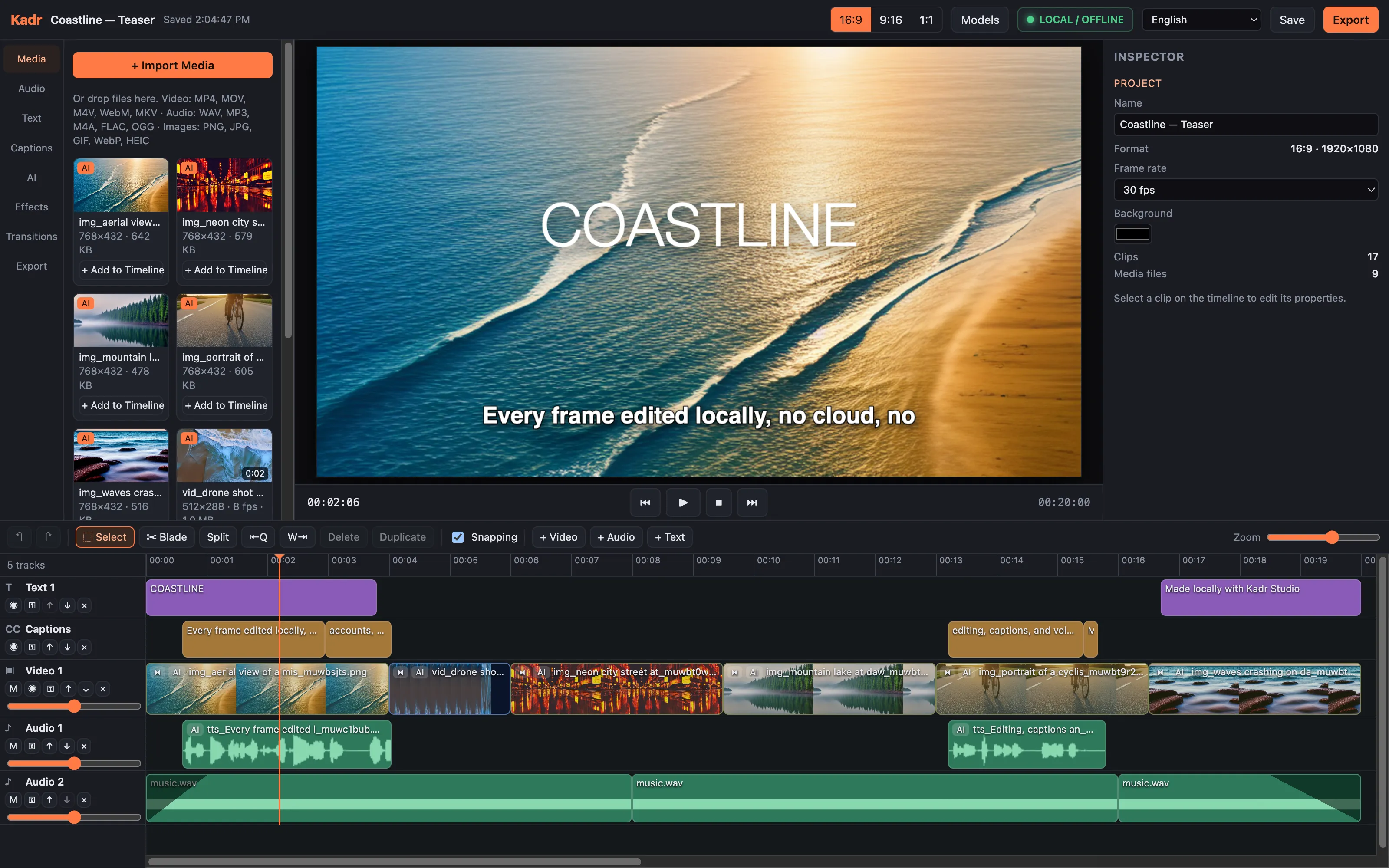 Kadr Studio editor with an AI-generated coastline in the preview, the title "COASTLINE" and a Whisper caption, a media library of AI-generated stills, the project inspector, and a five-track timeline of titles, captions, video, voiceover and music. The top bar has the 16:9 / 9:16 / 1:1 switch, the LOCAL / OFFLINE indicator and an interface language picker set to English.