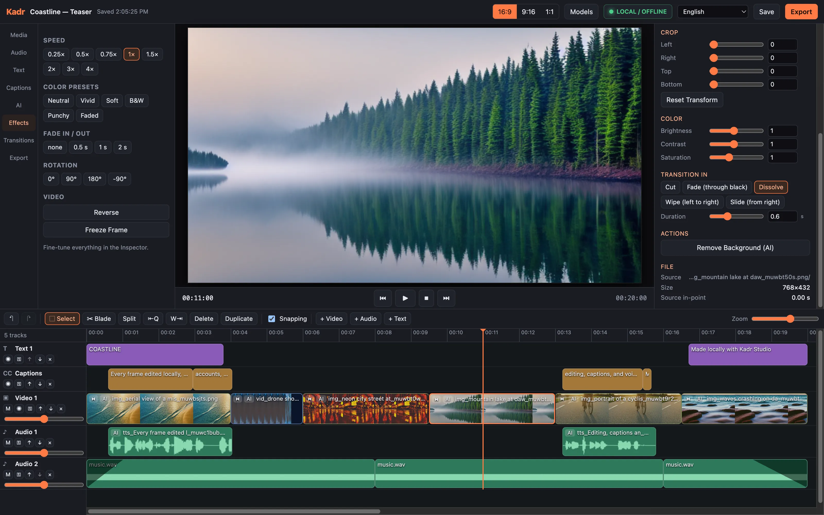 Effects tab with speed presets, colour presets, fade in and out, rotation, Reverse and Freeze Frame; the inspector shows brightness, contrast and saturation and the "Transition In" chips with Dissolve active.