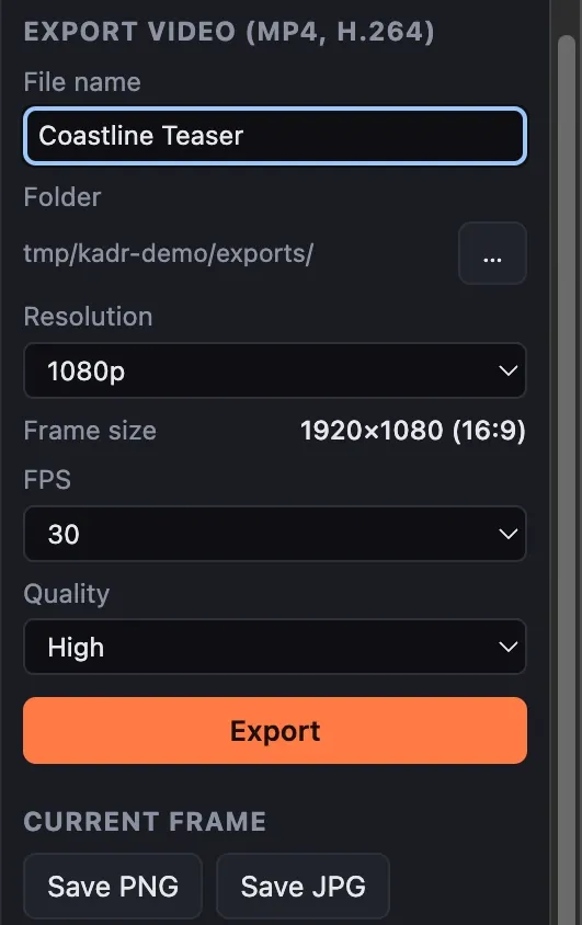Detail of the export settings screenshot. Export panel for MP4 H.264: file name, folder, 1080p, 30 fps, High quality, plus current-frame PNG / JPG and SRT / VTT caption export.