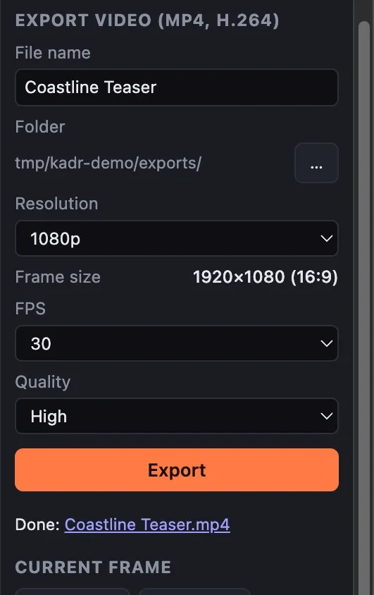 Detail of the export finished screenshot. Export finished: a notice reads "Export finished in 3.8 s" and the panel links to the exported MP4.