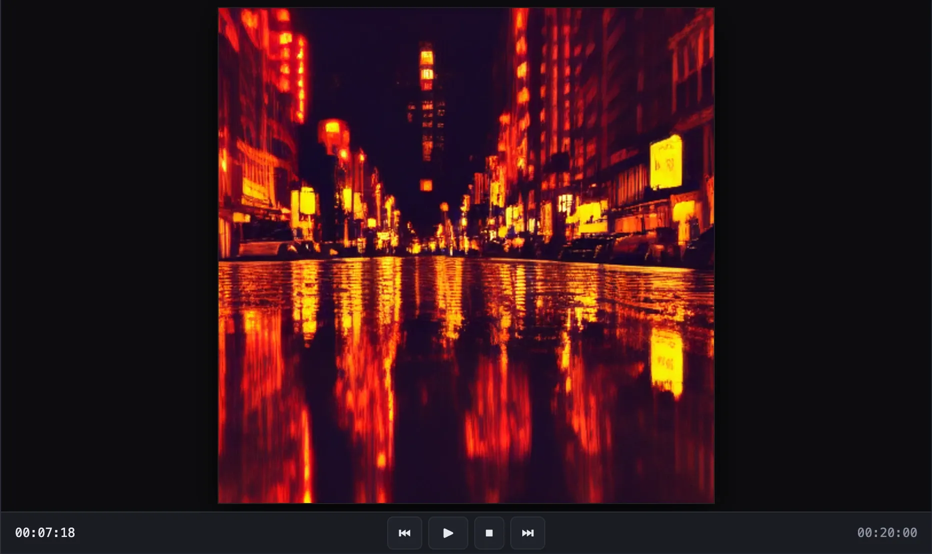 Detail of the reframe 1:1 screenshot. The teaser reframed to a 1080×1080 square: an AI-generated neon street at night; no faces were found, so the framing is centred.