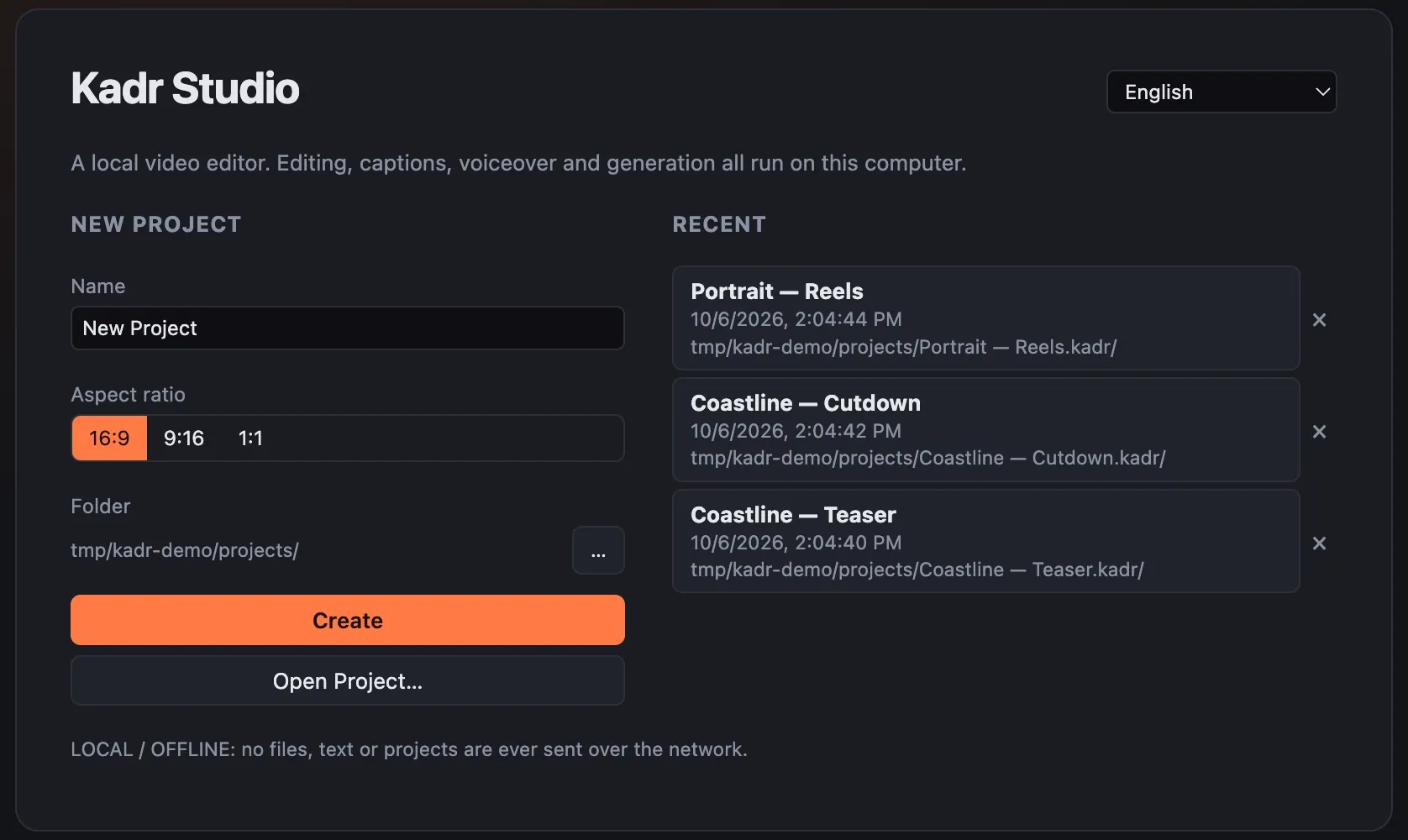 Detail of the start screen screenshot. Kadr Studio start screen with a new-project form (name, 16:9 / 9:16 / 1:1 aspect ratio, folder), three recent projects and an interface language picker set to English.