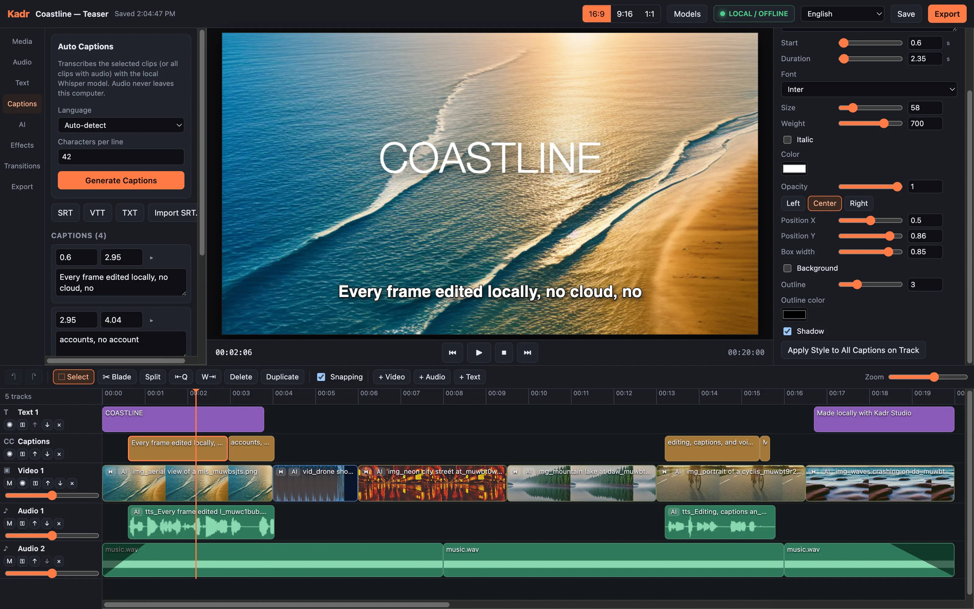Captions tab with four English captions generated locally by Whisper, each with editable start and end times, the caption rendered in the preview, and style controls (font Inter, size 58, weight 700, outline, shadow, position) with an "Apply Style to All Captions on Track" button.